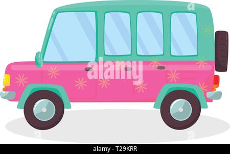 Pink , Green Colored Modern Car with Flowers Pattern Isolated on White Background. Side View of Comfortable Hatchback Automobile for Family Traveling. Stock Vector