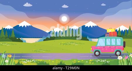 Hatchback Car with Suitcases on Roof Driving by Road on Colorful Landscape Background with Mountains, Lake and Forest in Sunset or Sunrise Summertime. Stock Vector