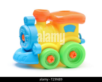 Multicolored bright plastic toy steam locomotive isolated on white background Stock Photo