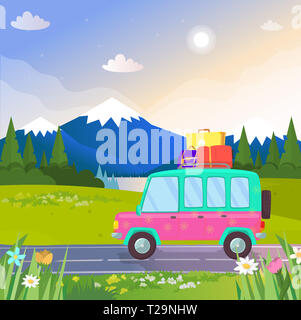 Funny Colorful Car with Trunk and Luggage on Roof Going by Road at Beautiful Nature Background with Mountains Landscape, Lake and Pine Trees. Travelin Stock Photo