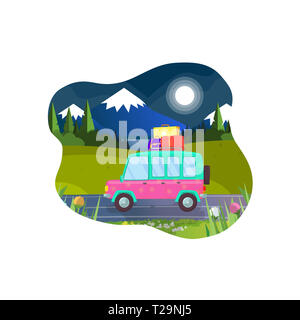 Car with luggage on the roof ready for summer vacation 3D Rendering ...