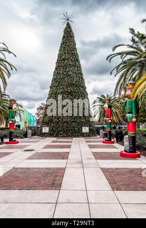 ORLANDO, FLORIDA, USA - DECEMBER, 2018: Christmas Tree and Nutcracker decoration at Eola Park, Downtown Orlando Stock Photo