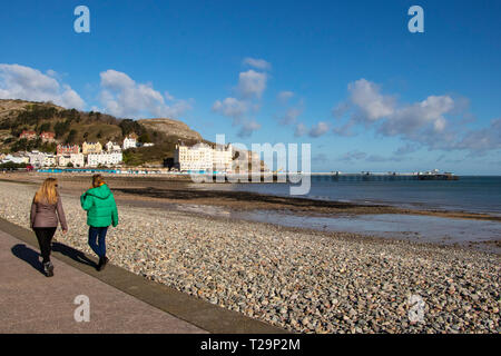 female couple walking along pebble beach in front of Llandudno pier North Wales Stock Photo