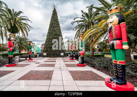 ORLANDO, FLORIDA, USA - DECEMBER, 2018: Christmas Tree and Nutcracker decoration at Eola Park, Downtown Orlando Stock Photo