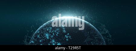 Futuristic Planet Earth. World map of glowing square dots. Modern abstract background. Space composition. Web banner. Global network connection. Vecto Stock Vector