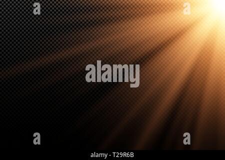 Stylish gold light effect on transparent dark background. Golden rays. Light in the dark. Bright explosion. Sunlight. Abstract light. Vector illustrat Stock Vector
