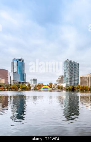 ORLANDO, FLORIDA, USA - DECEMBER, 2018: Eola Lake Park, popular destination for festivals, concerts, fundraising walks and even weddings, located at D Stock Photo