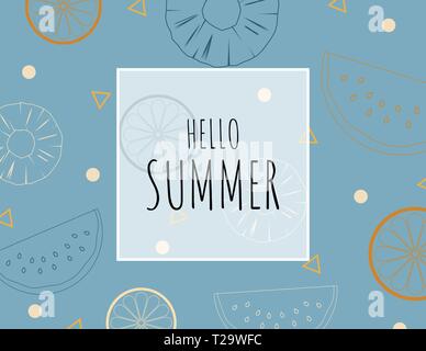 Creative illustration summer background with outline tropical fruits. Design for template, poster, advertising board, flyer, brochure, voucher discoun Stock Vector