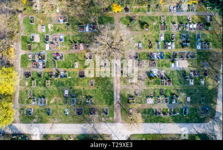 Aerial drone view of a church graveyard cemetary in Germany Stock Photo