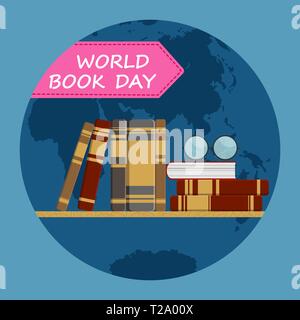 World book day, Shelf with books on globe background, flat design Stock Vector