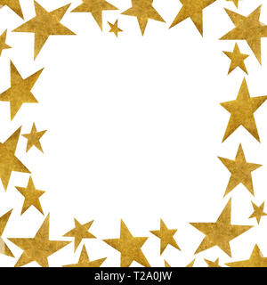 Square frame with metallic gold stars on a white background. Template with place for text. Photo frame, frame for social networks, template for weddin Stock Photo