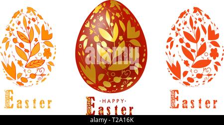 Happy Easter.Set of Easter eggs with floral texture on a white background. Spring holiday. Vector Illustration.Happy Easter eggs. EPS 10 Stock Vector