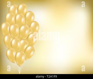 Gold festive vector background with golden balloons in bunch. Elegant concept for party, birthday, anniversary, holidays, wedding, invitation card, po Stock Vector