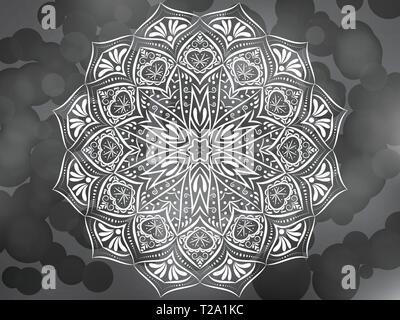 Mandala abstract mystic background with bokeh. Gray blurred backdrop with lights. Vector eps 10. Stock Vector