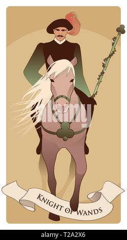Knight dressed in the old style, with mustache and feather hat holding a wand surrounded by leaves and flowers, riding an elegant horse with long mane Stock Vector