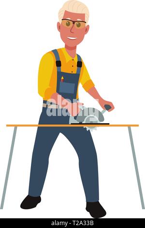 Happy carpenter working with circular saw. Vector illustration in a flat style. EPS10 Stock Vector