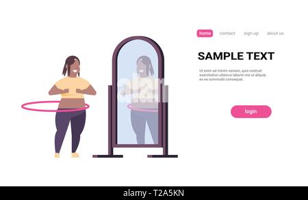 overweight woman doing gymnastic rotating workout with hula hoop looking at reflection in mirror african american girl weight loss concept white Stock Vector