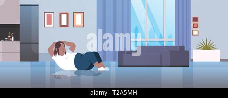 fat obese woman doing press abdominal exercises african american girl training workout weight loss concept modern apartment living room interior Stock Vector