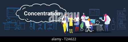 employees asking questions to female boss sitting at workplace full concentration at work concept business people in co-working creative office Stock Vector