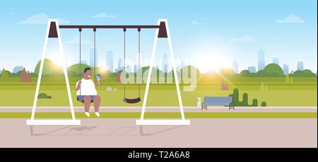 fat overweight boy holding ice cream sitting on swing outdoor obese overweight guy swinging eating fast food unhealthy lifestyle concept landscape Stock Vector