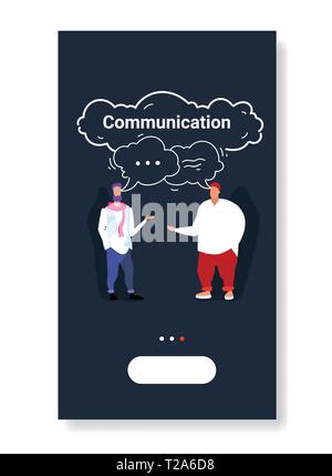 two business colleagues discussing during meeting thin and fat coworkers chat bubble communication concept combined speech conversation sketch doodle Stock Vector