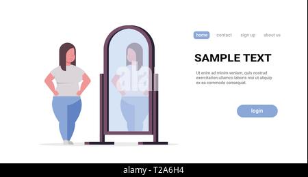 sad overweight woman looking at herself reflection in mirror obese girl over size obesity concept flat full length horizontal copy space white Stock Vector