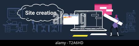 woman working near laptop screen web design studio website creation process concept girl creating site user interface development sketch doodle Stock Vector