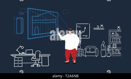 man architect engineer wearing digital glasses virtual reality 3d building design blueprint vr modeling headset vision concept office interior Stock Vector