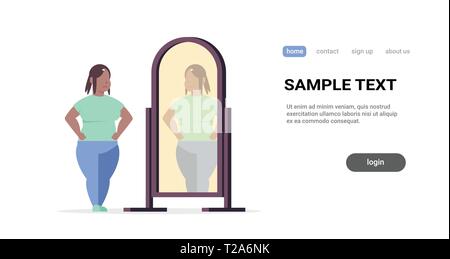 sad overweight woman looking at herself reflection in mirror african american girl over size obesity concept flat full length horizontal copy space Stock Vector