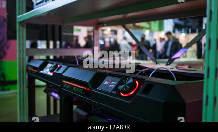 Automatic 3D printer machines working at modern technology exhibition Stock Photo