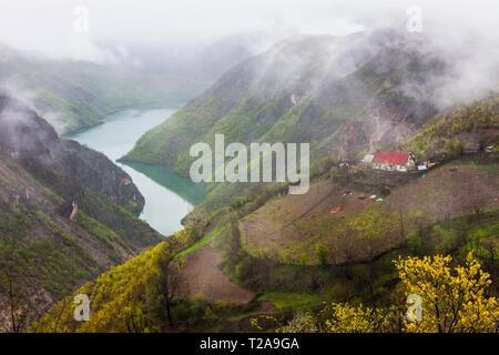 Lake Koman, Shkodër County, Albania : High angle view of farms and cottages perching on the slopes of the gorge over the Koman lake reservoir on the D Stock Photo