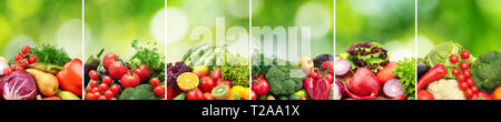 Collage fruits and vegetables divided vertical lines on green natural blurred background. Stock Photo