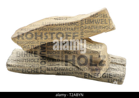 Word cloud with wood as background and transparent relevant german keywords on the subject of raw material wood Stock Photo