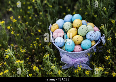 Colorful Easter eggs collected in a purple bucket on a grass background - Image Stock Photo