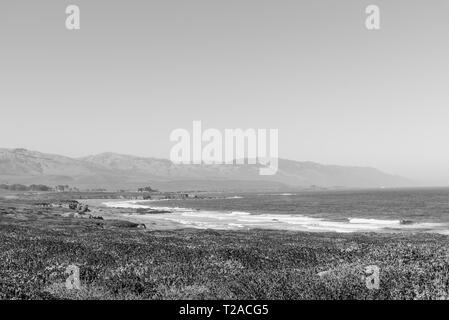 Black and white, ocean waves rolling onto the shoreline, Fields overlooking sea below. Stock Photo