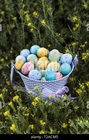Festive Easter eggs collected in a purple bucket, Easter celebration - Image Stock Photo