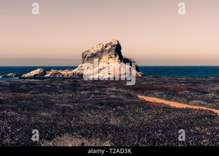Dark grassy fields with path leading towards large rock formation in the ocean under brown gray skies. Stock Photo