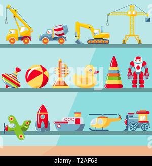 Childhood concept. Shop shelves with children toys set. Cabinet with different kids playthings. Vector illustration. Stock Vector