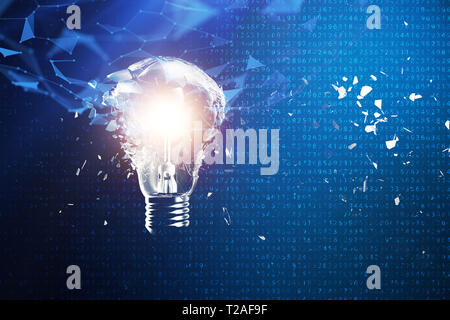 3D Illustration Exploding light bulb on a blue background, with concept creative thinking and innovative solutions Stock Photo