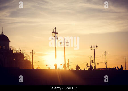 Spit of Vasilyevsky Island at sunset. St. Petersburg downtown. City sights. Evening in the city Stock Photo