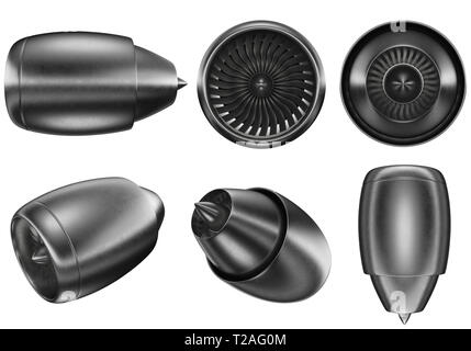 3d illustration turbines set. Jet engine set isolated on white background. Technology aircraft, jet engine, blade. Stock Photo