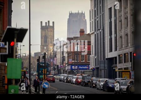 Along Renshaw Street St Luke's Church commonly known in Liverpool as the Bombed Out Church, is a former Anglican parish church, with the cathedral beh Stock Photo