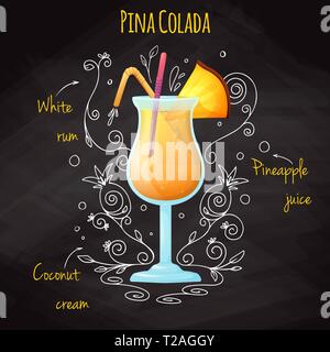 Simple recipe for an alcoholic cocktail Pina Colada. Drawing chalk on a blackboard. Vector illustration Stock Vector