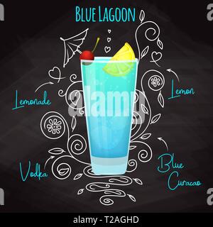 Simple recipe for an alcoholic cocktail Blue Lagoon. Drawing chalk on a blackboard. Vector illustration Stock Vector