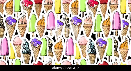 Seamless pattern with color sketch of ice cream. Vector Stock Vector