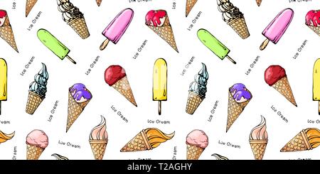 Seamless pattern with color sketch of ice cream. Vector Stock Vector