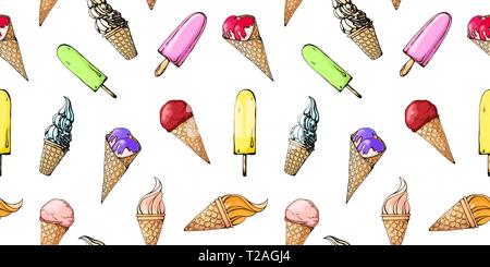 Seamless pattern with color sketch of ice cream. Vector Stock Vector