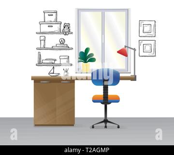 Office chair, desk, various objects on the table. Workspace in flat style. Vector illustration Stock Vector