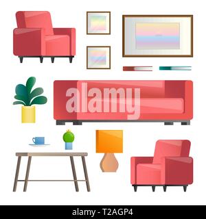 Set of different interior elements. Living room. Vector illustration in flat style. Stock Vector