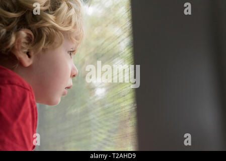 Boy looking out window Stock Photo